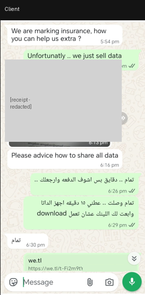 Client confirming payment and requesting data